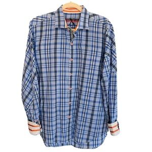Robert Graham X Collection Plaid Check Button Front Shirt Blue Large Flip Cuff
